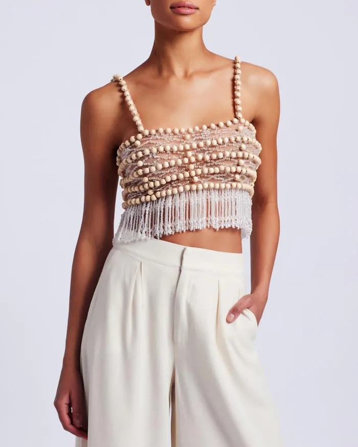 Ready To Wear Wood And Crystal Beaded Top RUNWAY PatBO Tops and Bodysuits