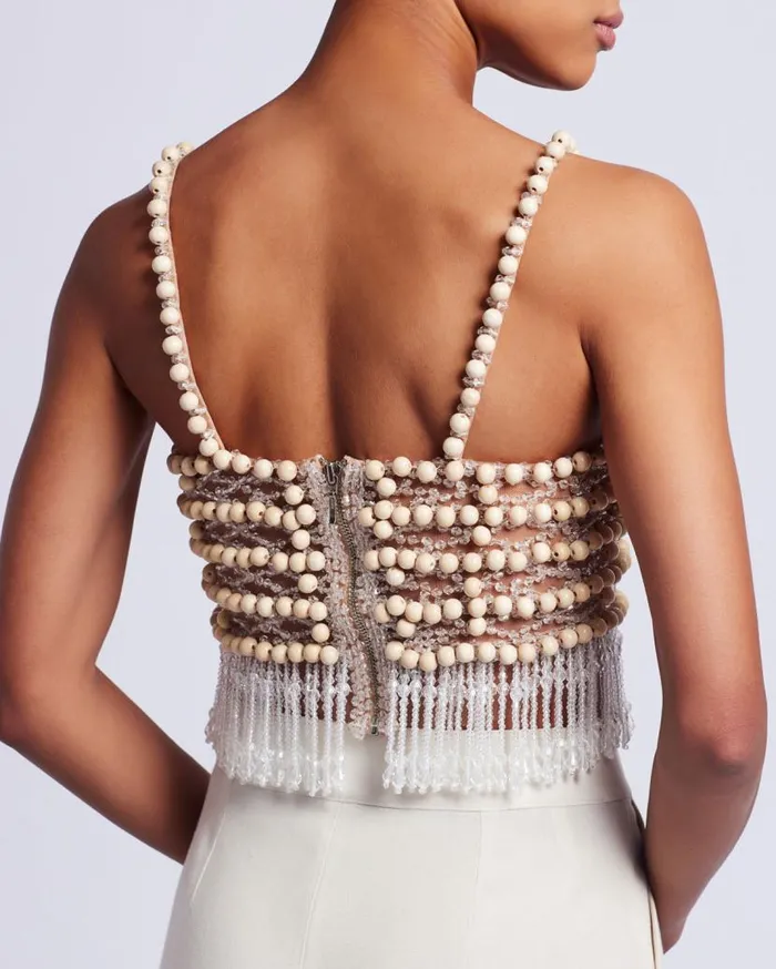 Ready To Wear Wood And Crystal Beaded Top RUNWAY PatBO Tops and Bodysuits