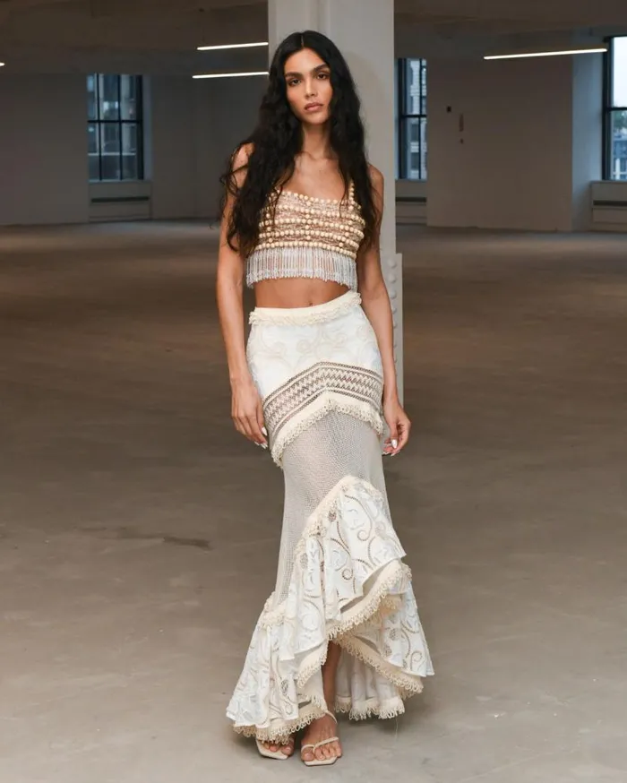 Ready To Wear Wood And Crystal Beaded Top RUNWAY PatBO Tops and Bodysuits