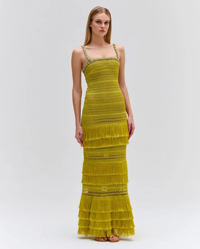 Ready To Wear Woven Fringe Maxi Dress PatBO Dresses and Jumpsuits