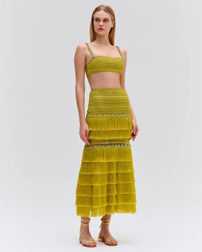 Ready To Wear Woven Fringe Midi Skirt PatBO Bottoms
