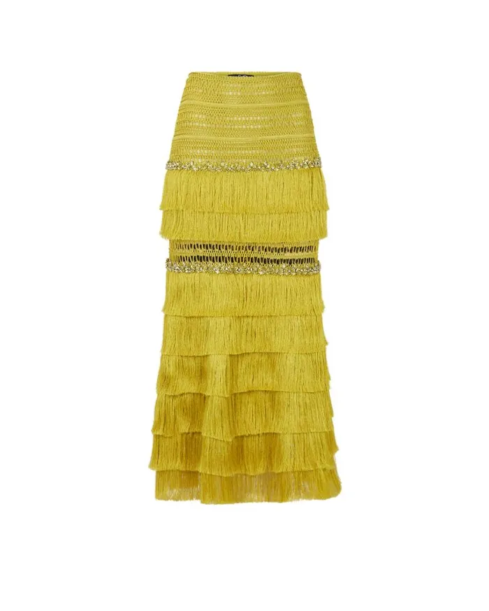 Ready To Wear Woven Fringe Midi Skirt PatBO Bottoms