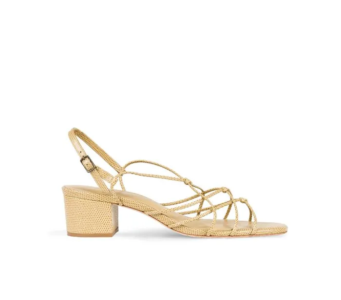 REVE BLOCK HEEL SANDAL Tan Faux Lizard Shop DEN Footwear