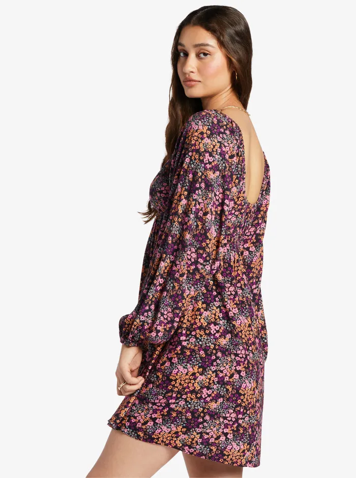 Roxy Dresses Sweetest Shores Puff Sleeve Dress Anthracite Floral Daze 8211 Womens
