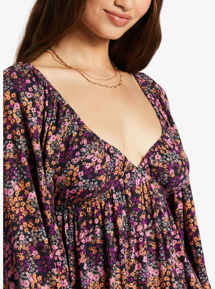 Roxy Dresses Sweetest Shores Puff Sleeve Dress Anthracite Floral Daze 8211 Womens