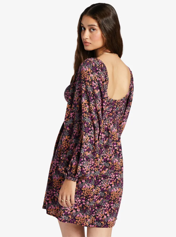 Roxy Dresses Sweetest Shores Puff Sleeve Dress Anthracite Floral Daze 8211 Womens
