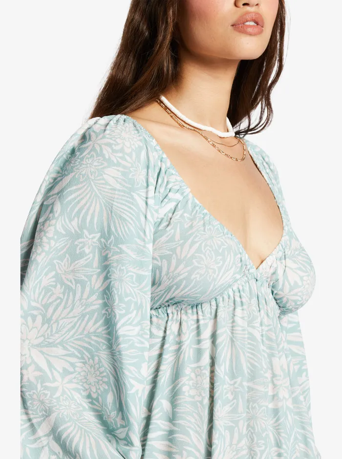 Roxy Dresses Sweetest Shores Puff Sleeve Dress Blue Surf Planao Apparel 8211 Womens
