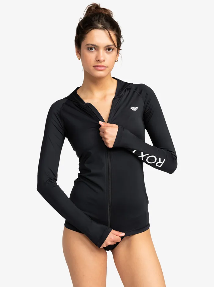 Roxy Rashguards New Essentials Hooded Long Sleeve ZipUp Rashguard Anthracite 8211 Womens Roxy Rashguards New Essentials Hooded Long Sleeve ZipUp Rashguard Anthracite 8211 Womens