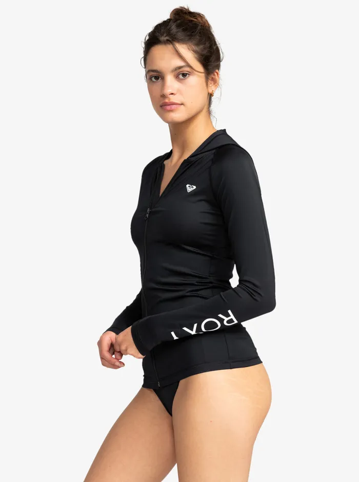 Roxy Rashguards New Essentials Hooded Long Sleeve ZipUp Rashguard Anthracite 8211 Womens