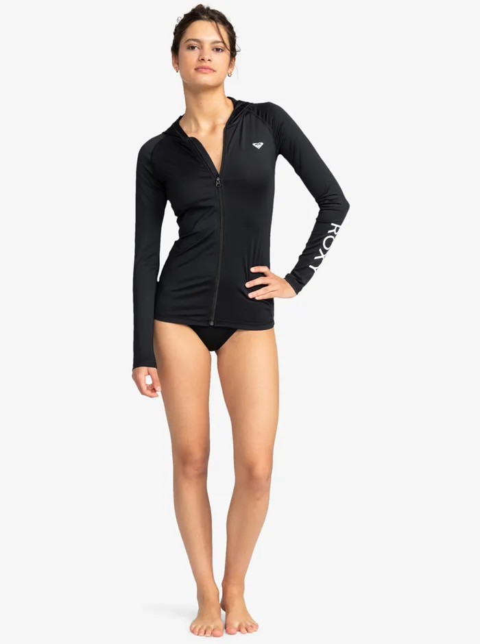 Roxy Rashguards New Essentials Hooded Long Sleeve ZipUp Rashguard Anthracite 8211 Womens