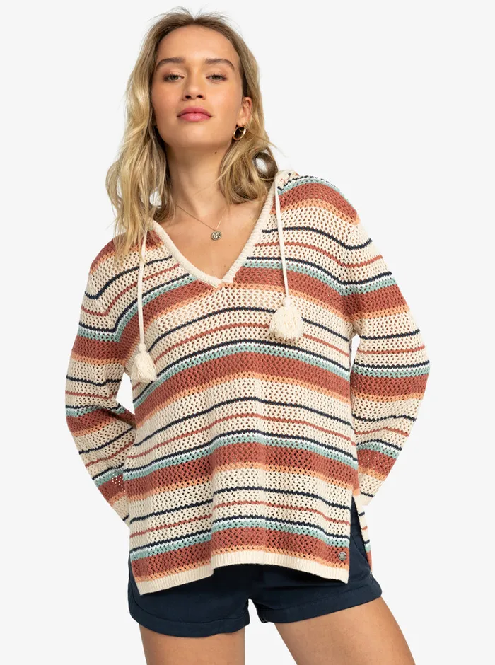 Roxy Sweaters After Beach Break Stripe Poncho Hoodie Tapioca Heart Stripe 8211 Womens
