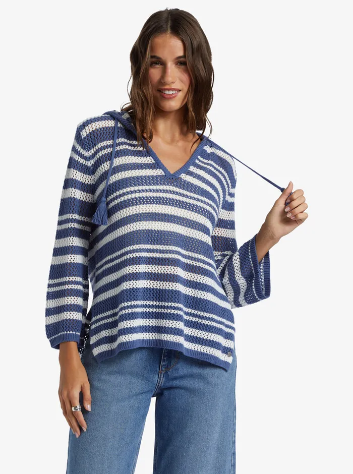 Roxy Sweaters After Beach Break Stripe VNeck Sweater Snow White Montauk Stripe 8211 Womens