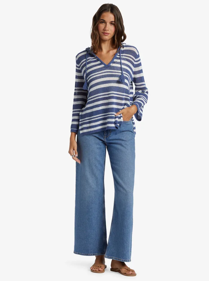 Roxy Sweaters After Beach Break Stripe VNeck Sweater Snow White Montauk Stripe 8211 Womens