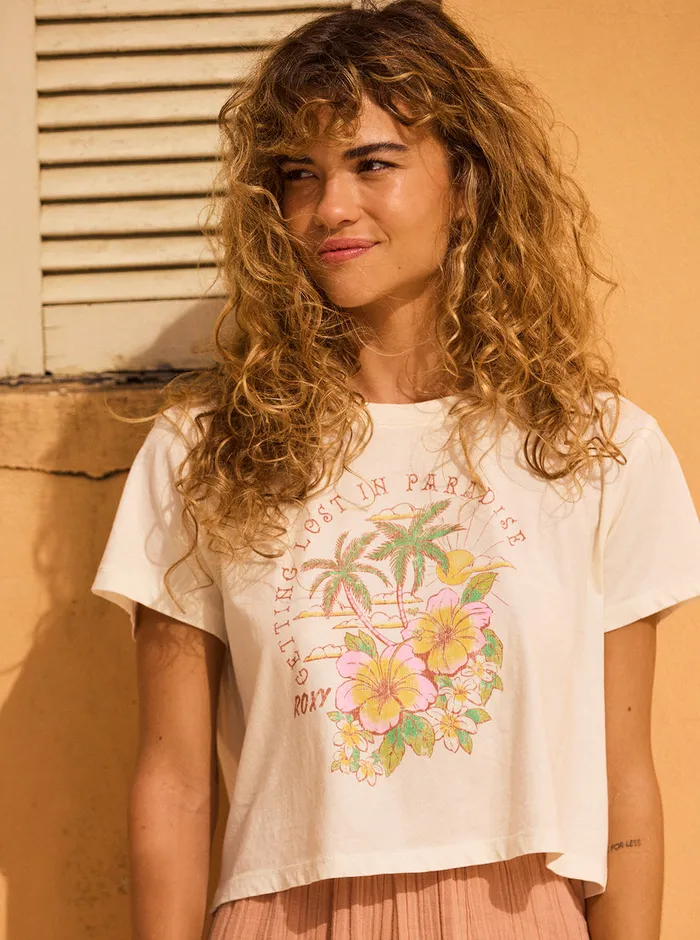 Roxy Tees and Tanks Hibiscus Paradise Cropped TShirt Snow White 8211 Womens