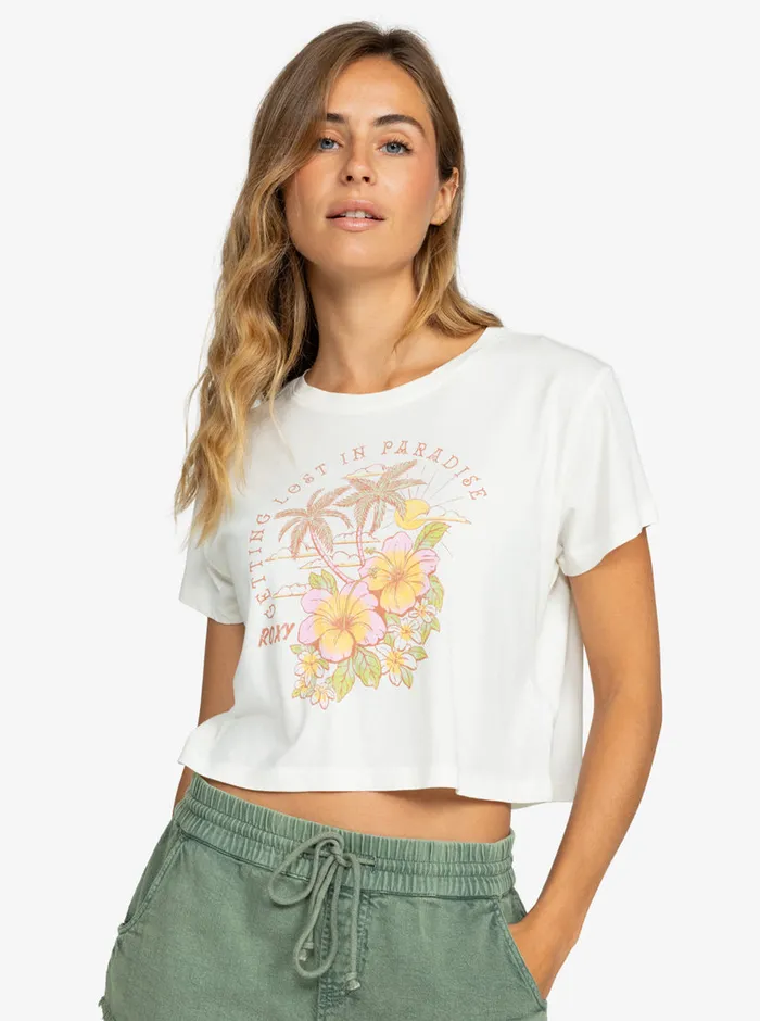 Roxy Tees and Tanks Hibiscus Paradise Cropped TShirt Snow White 8211 Womens