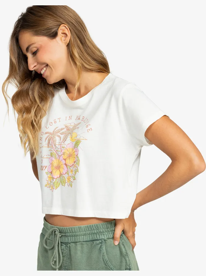 Roxy Tees and Tanks Hibiscus Paradise Cropped TShirt Snow White 8211 Womens