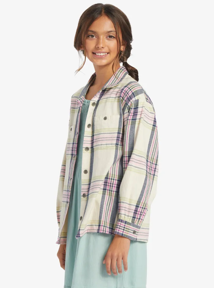 Roxy Tops 416 Something Beautiful Plaid Oversized Shirt Tapioca Right Plaid 8211 Girls