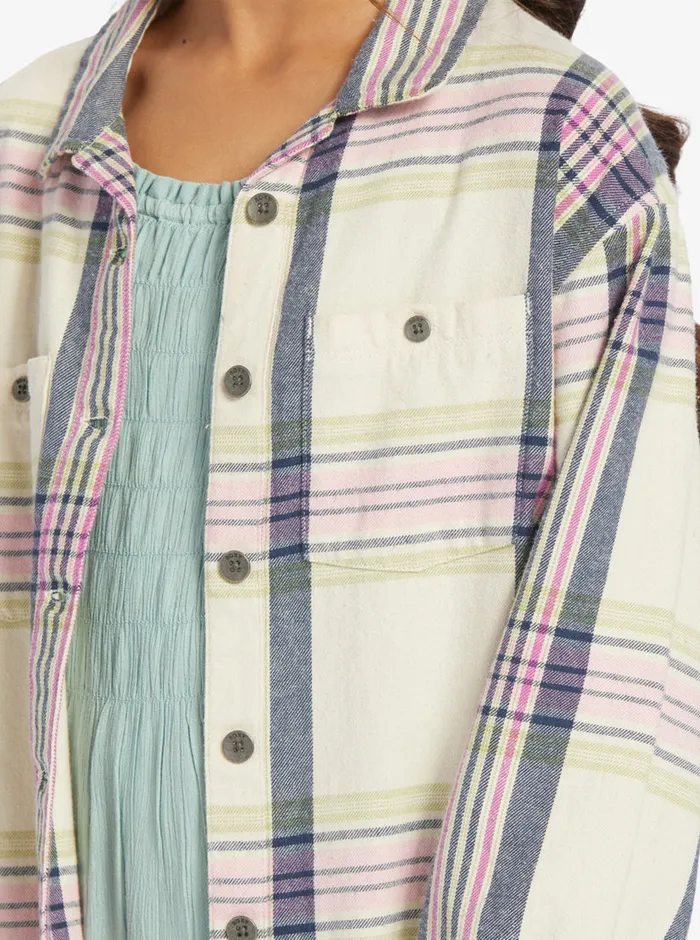Roxy Tops 416 Something Beautiful Plaid Oversized Shirt Tapioca Right Plaid 8211 Girls