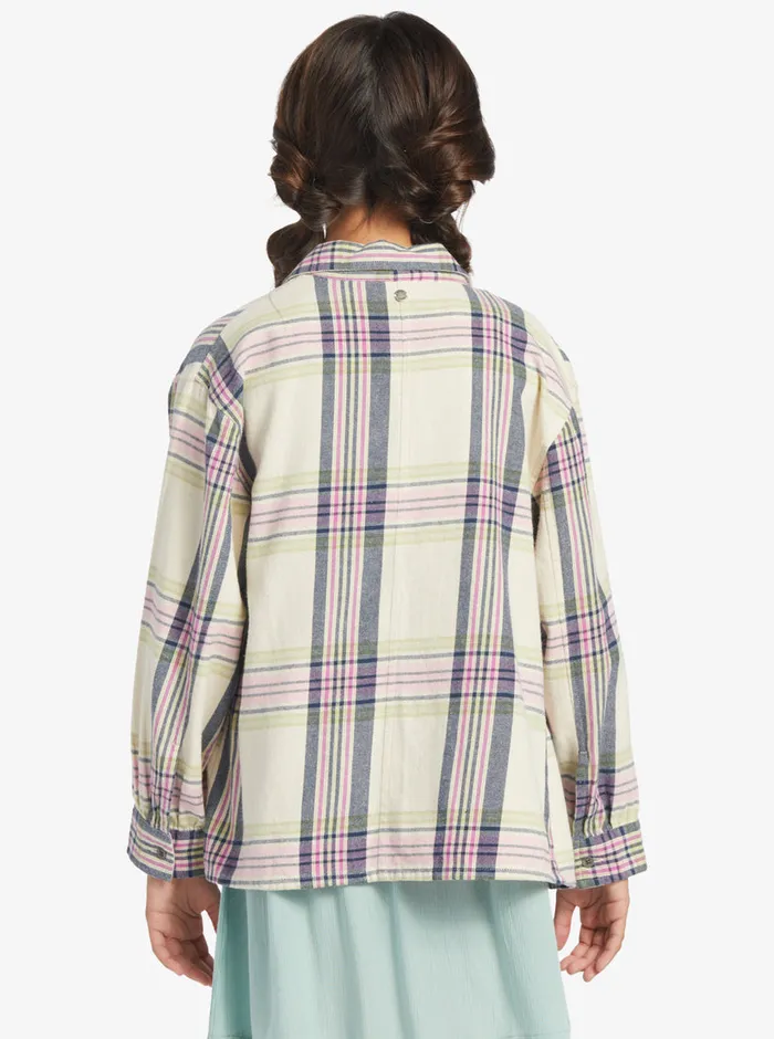 Roxy Tops 416 Something Beautiful Plaid Oversized Shirt Tapioca Right Plaid 8211 Girls