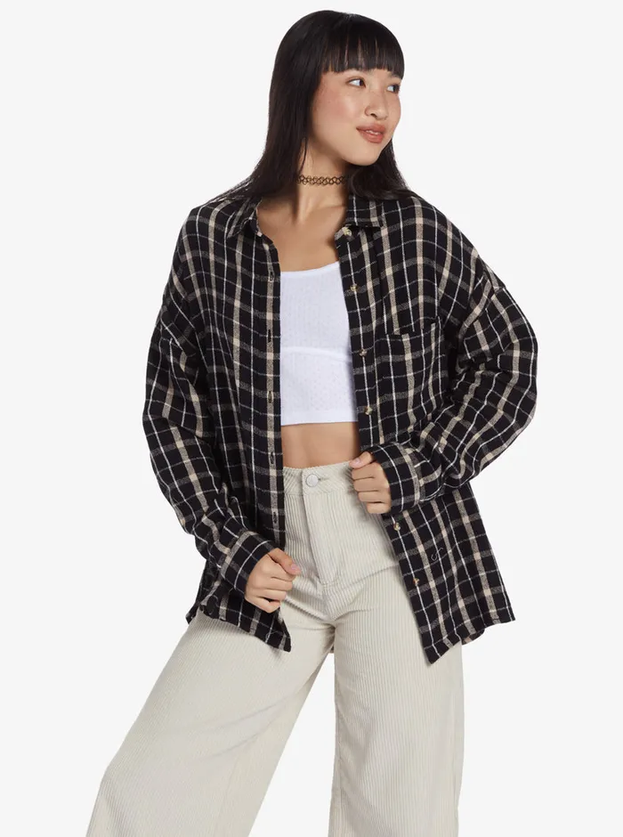 Roxy Tops Chloe Kim Oversized Flannel Shirt Anthracite Platz Plaid 8211 Womens