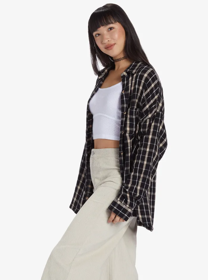 Roxy Tops Chloe Kim Oversized Flannel Shirt Anthracite Platz Plaid 8211 Womens