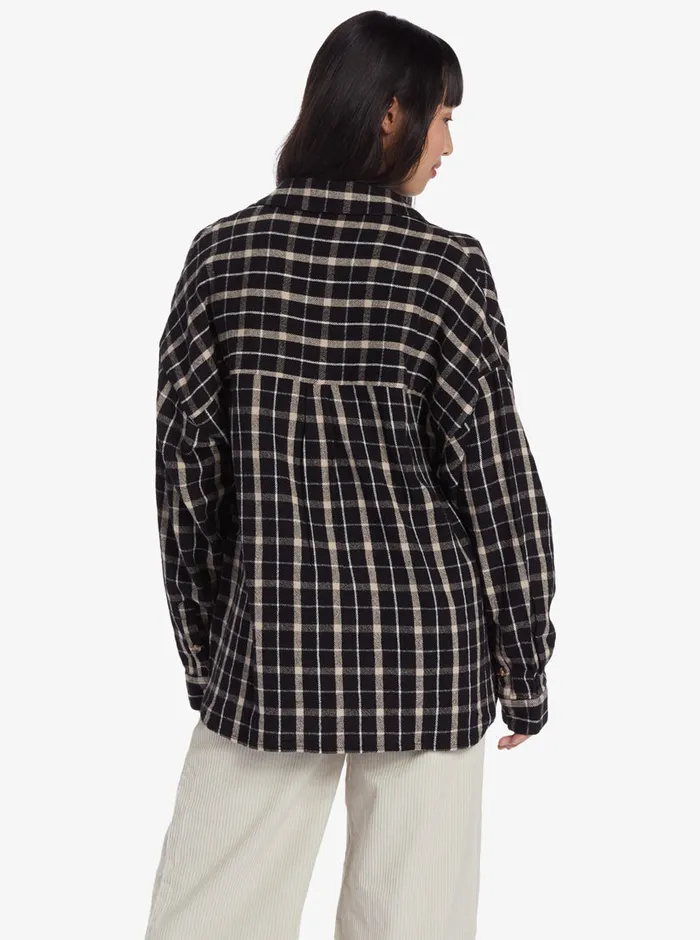 Roxy Tops Chloe Kim Oversized Flannel Shirt Anthracite Platz Plaid 8211 Womens