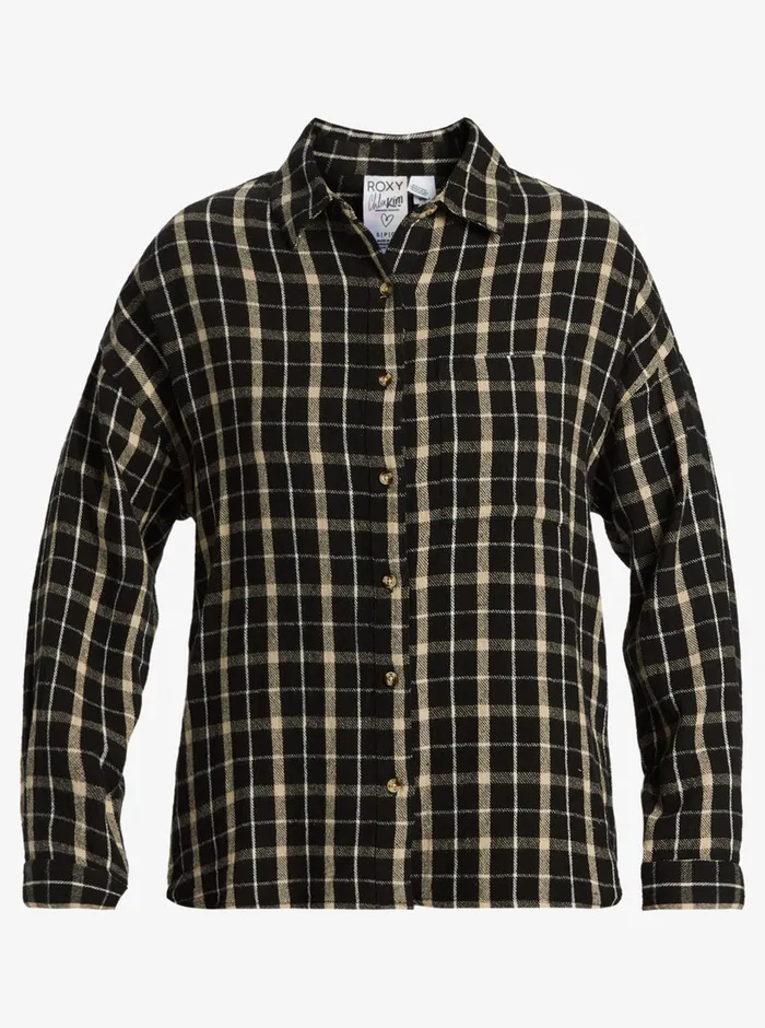 Roxy Tops Chloe Kim Oversized Flannel Shirt Anthracite Platz Plaid 8211 Womens