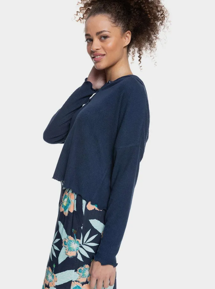 Roxy Tops Cozy Day Long Sleeve Rib Knit Top Mood Indigo 8211 Womens