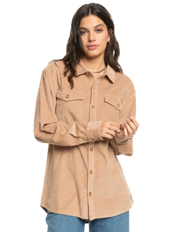 Roxy Tops Let It Go Corduroy Long Sleeve Shirt Warm Taupe 8211 Womens