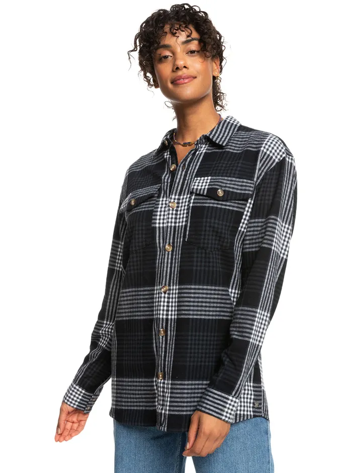 Roxy Tops Let It Go Flannel Long Sleeve Shirt Anthracite Hallo Plaid 8211 Womens