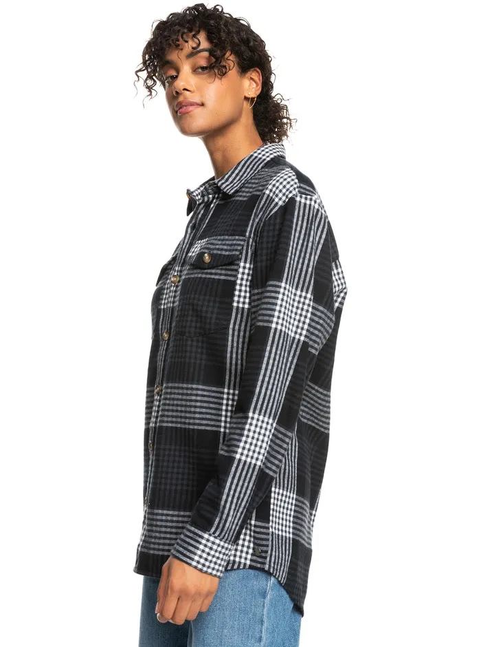 Roxy Tops Let It Go Flannel Long Sleeve Shirt Anthracite Hallo Plaid 8211 Womens