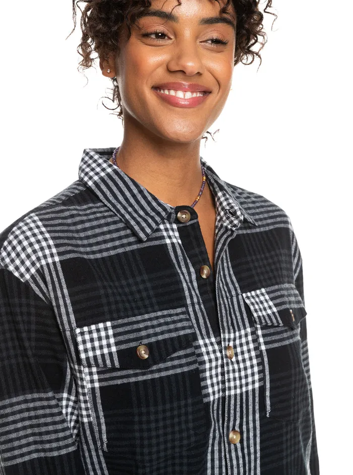Roxy Tops Let It Go Flannel Long Sleeve Shirt Anthracite Hallo Plaid 8211 Womens