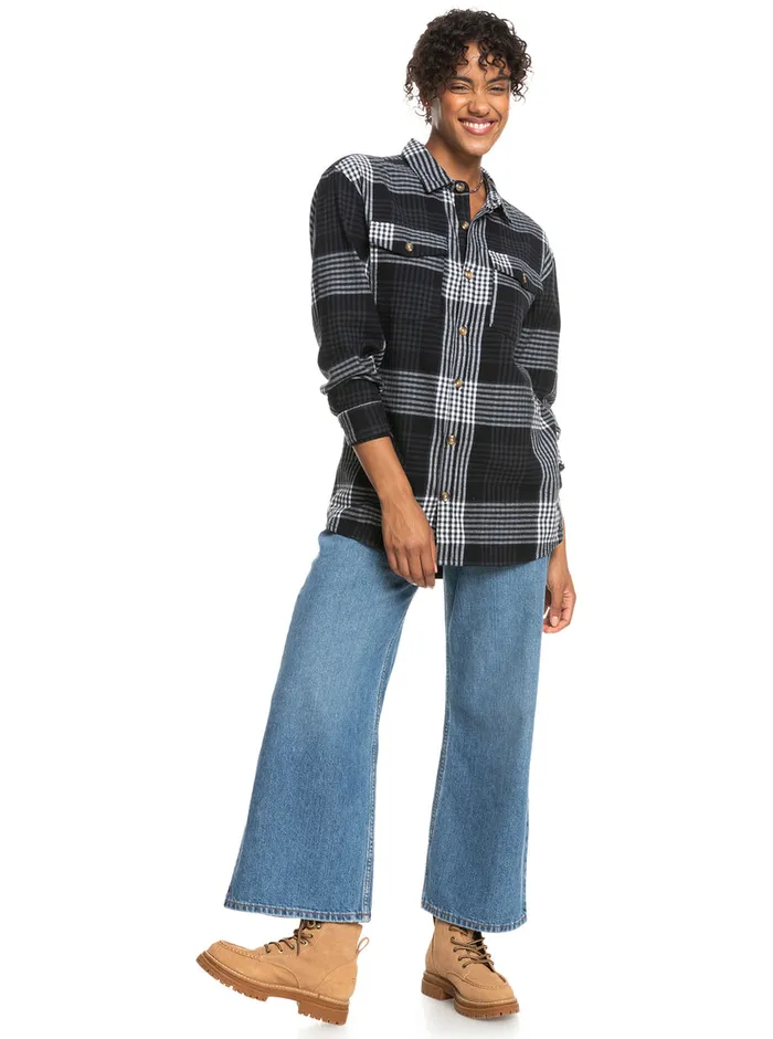 Roxy Tops Let It Go Flannel Long Sleeve Shirt Anthracite Hallo Plaid 8211 Womens