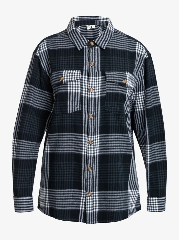 Roxy Tops Let It Go Flannel Long Sleeve Shirt Anthracite Hallo Plaid 8211 Womens
