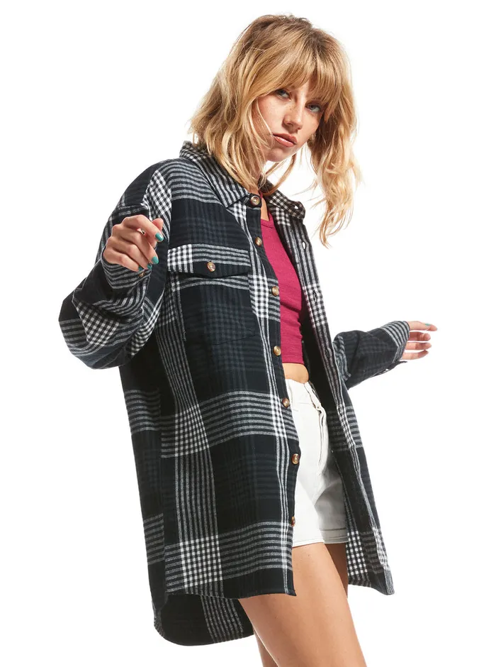 Roxy Tops Let It Go Flannel Long Sleeve Shirt Anthracite Hallo Plaid 8211 Womens