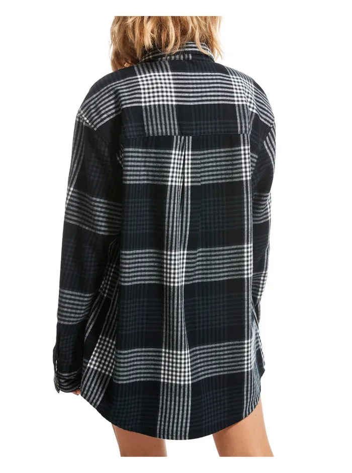 Roxy Tops Let It Go Flannel Long Sleeve Shirt Anthracite Hallo Plaid 8211 Womens