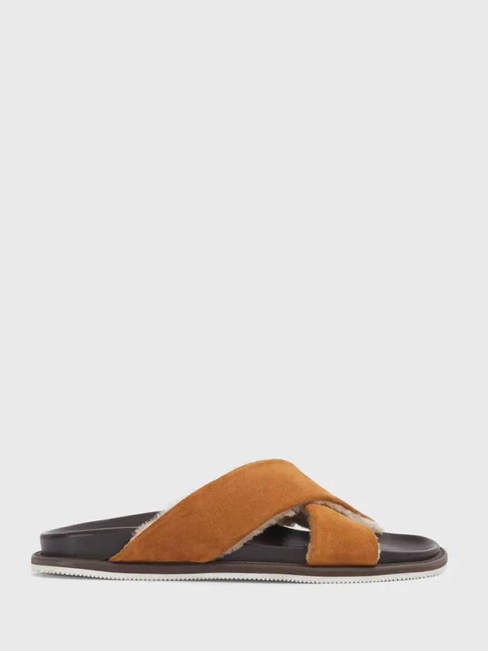 Sandals Mens Paul Stuart Punta III Shearling Crossover Slide Cognac