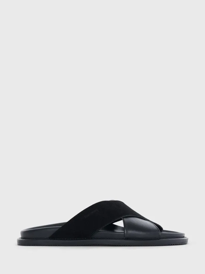 Sandals Mens Paul Stuart Punta Leather and Suede Crossover Slide Black