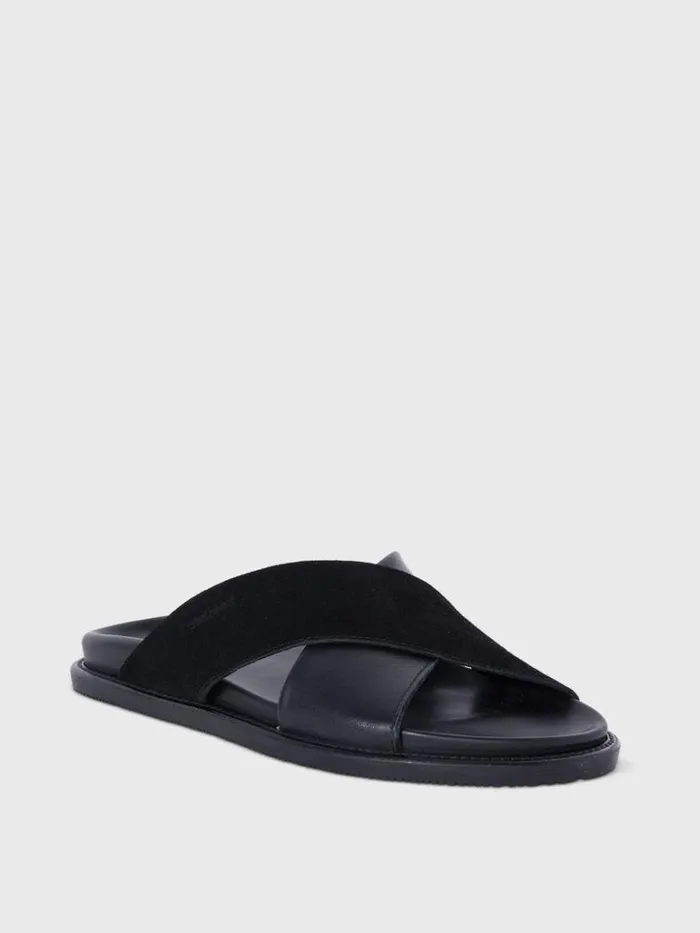 Sandals Mens Paul Stuart Punta Leather and Suede Crossover Slide Black