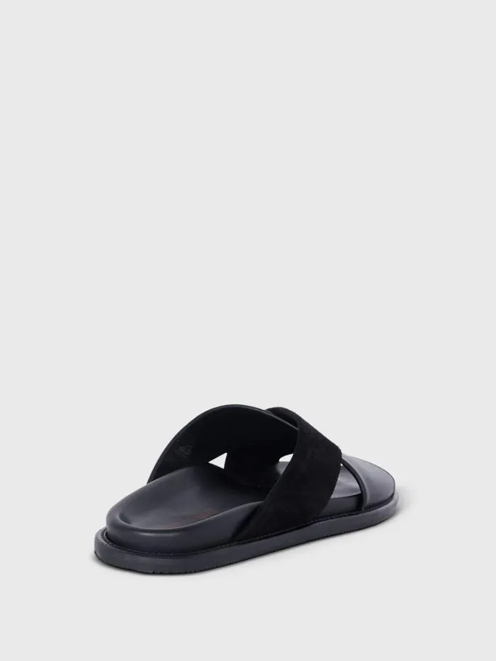 Sandals Mens Paul Stuart Punta Leather and Suede Crossover Slide Black