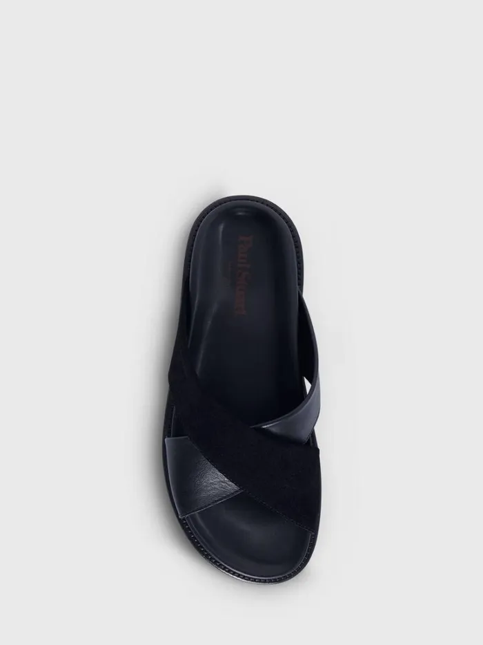 Sandals Mens Paul Stuart Punta Leather and Suede Crossover Slide Black