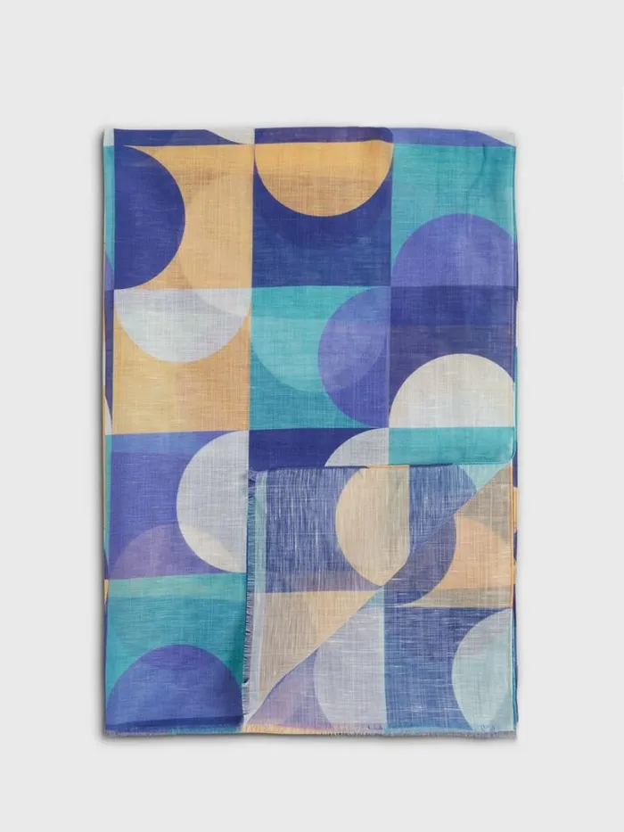 Scarves Hats Gloves Mens Paul Stuart Cotton and Linen Abstract Print Scarf Blueturquoise