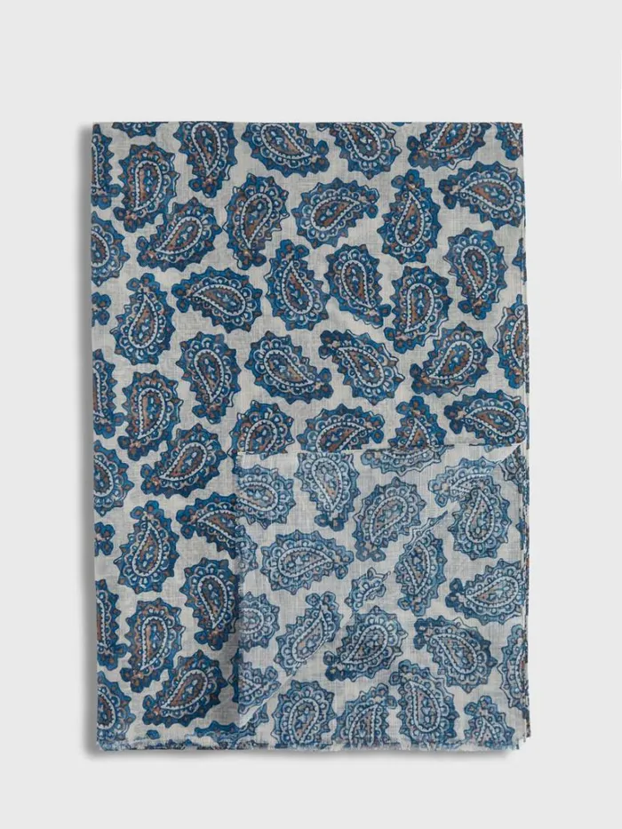 Scarves Hats Gloves Mens Paul Stuart Cotton and Linen Paisley Print Scarf Whiteblue