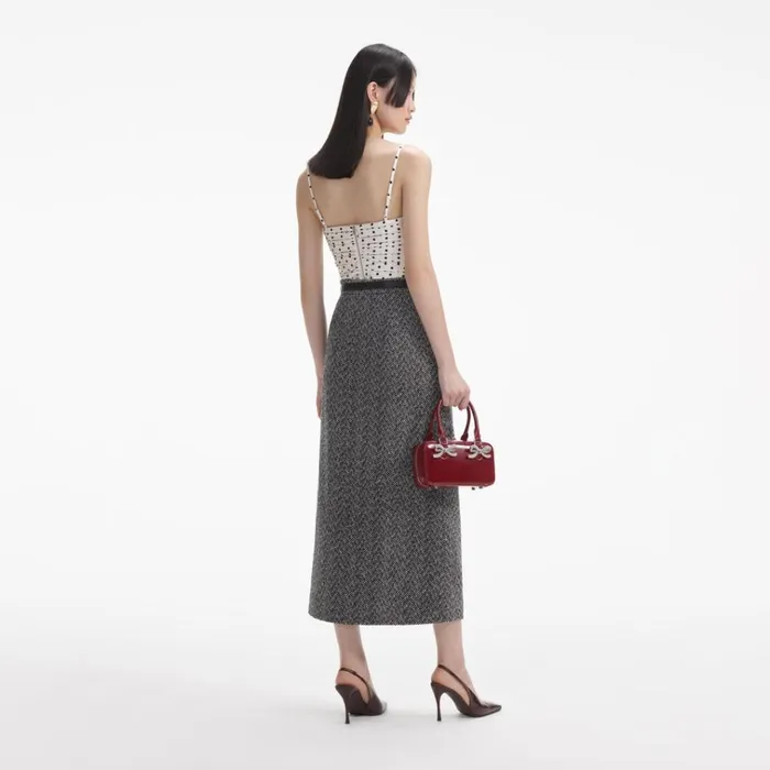 Self Portrait Bottoms Black Herringbone Midi Skirt 8211 Women Self Portrait Bottoms Black Herringbone Midi Skirt 8211 Women