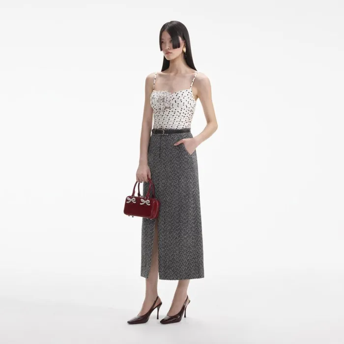 Self Portrait Bottoms Black Herringbone Midi Skirt 8211 Women Self Portrait Bottoms Black Herringbone Midi Skirt 8211 Women