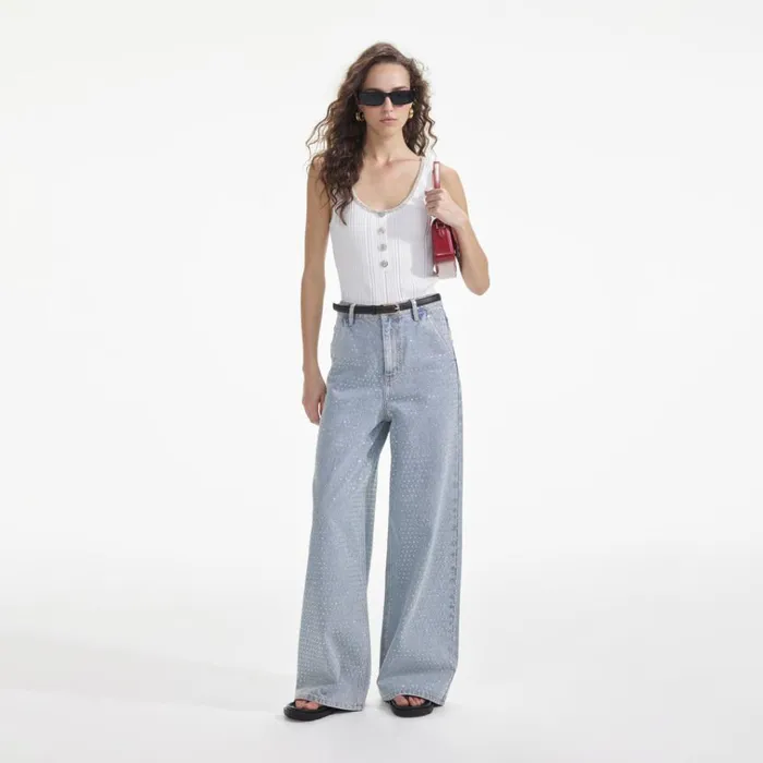 Self Portrait Denim Blue Rhinestone Wide Leg Jeans 8211 Women