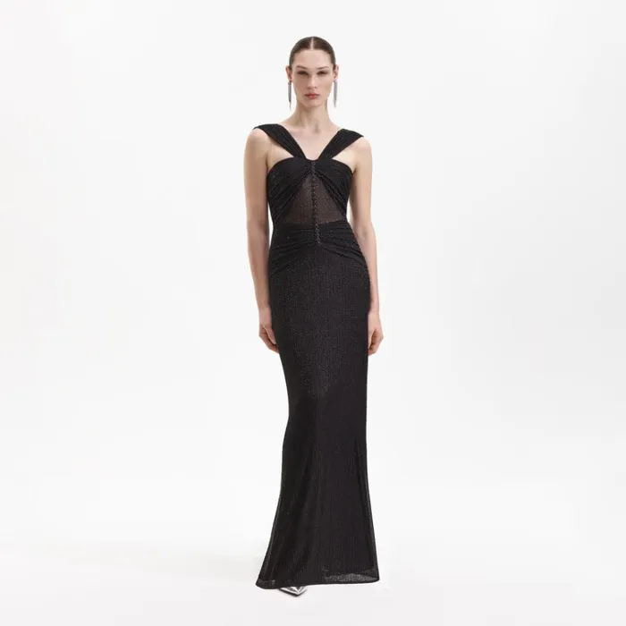 Self Portrait Dresses Black Beaded Mesh Maxi Dress 8211 Women