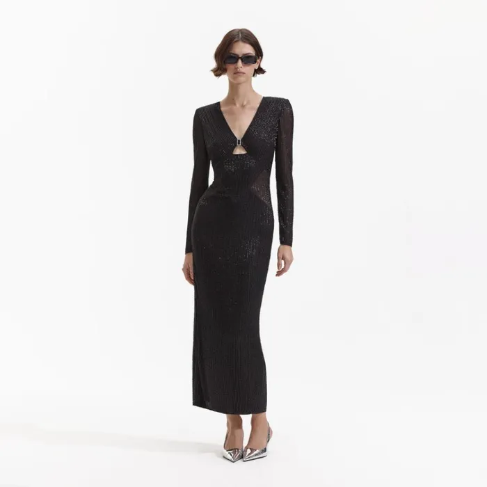 Self Portrait Dresses Black Beaded Mesh Midi Dress 8211 Women