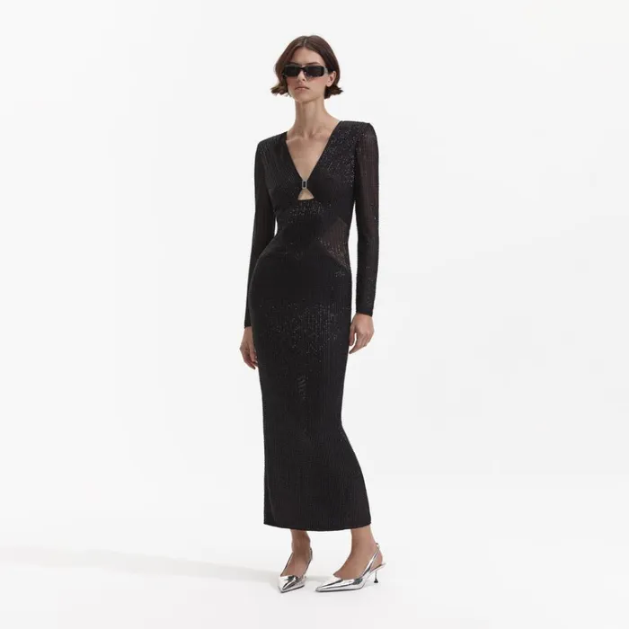 Self Portrait Dresses Black Beaded Mesh Midi Dress 8211 Women Self Portrait Dresses Black Beaded Mesh Midi Dress 8211 Women