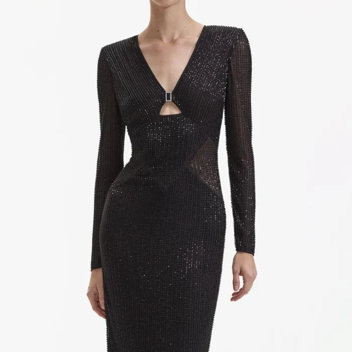Self Portrait Dresses Black Beaded Mesh Midi Dress 8211 Women Self Portrait Dresses Black Beaded Mesh Midi Dress 8211 Women